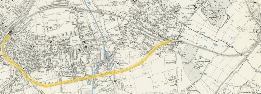 1890s Ordnance Survey map showing the Tooting, Merton and Wimbledon railway. The Merton branch has been highlighted in yellow.