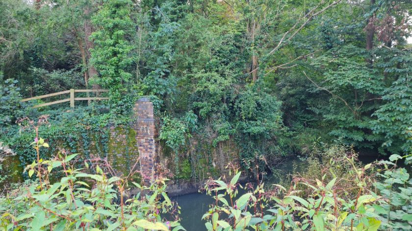 The crumbling and overgrown remains of a bridge abutment on the other side of a thin waterway.